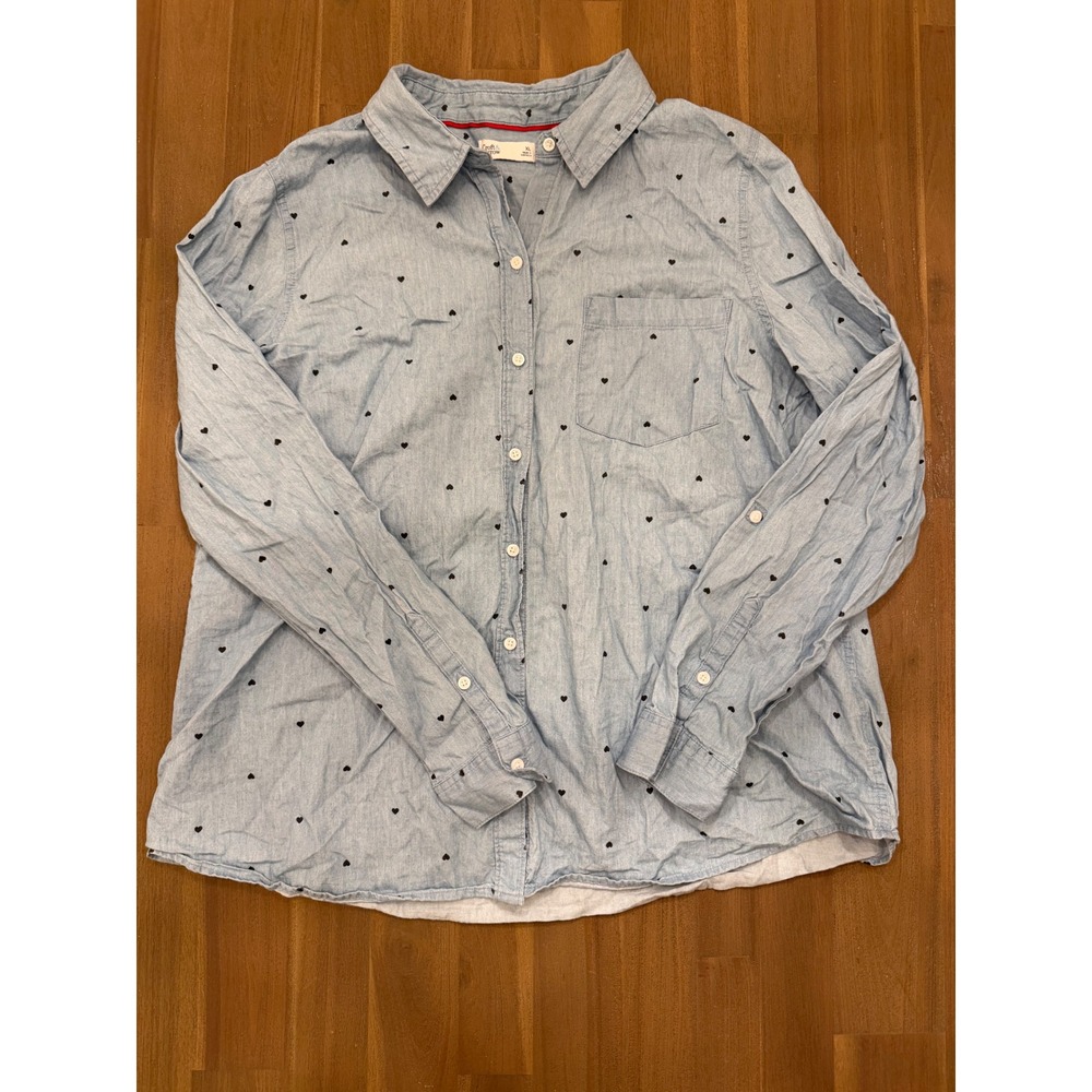 Womens XL‎ Blue Denim Heart Print Button Down Shirt Long Sleeve